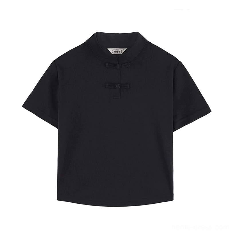 Black Chinese-style short-sleeve Hanfu top with stand collar and traditional frog buttons shown in a flat lay