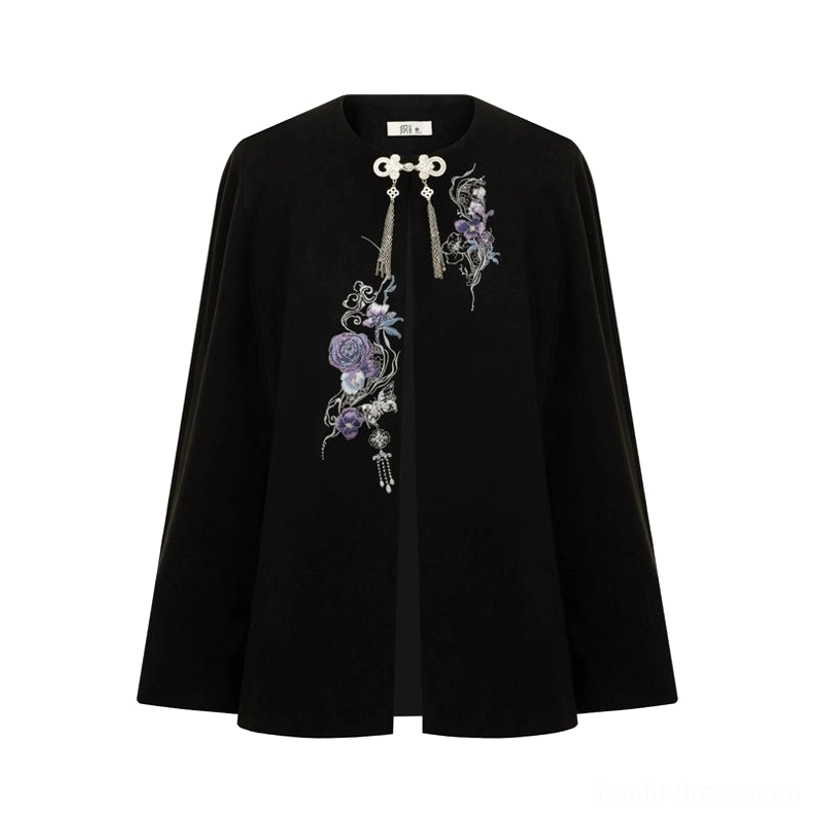 Black Chinese style embroidered cape coat with purple floral embroidery decorative metal buckle and tassel fastening shown flat lay