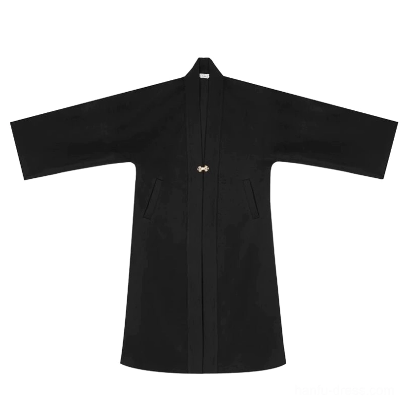 Black Chinese-style long open Hanfu coat with frog buttons wide sleeves and practical side pockets shown in a flat lay