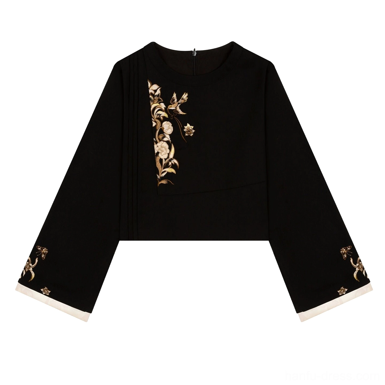 Flat lay of a black cropped modern Hanfu jacket with golden floral embroidery on the chest and cuffs, white contrast trim, and structured stand collar