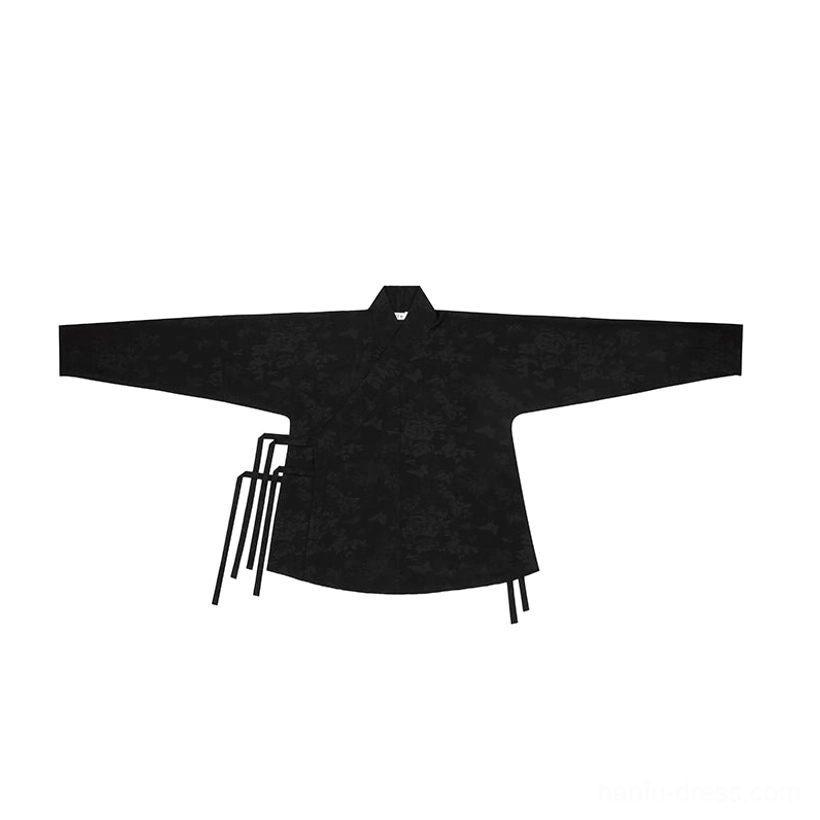 Flat-lay view of the black cross-collar Hanfu inner top with a subtle dark woven texture and side tying straps