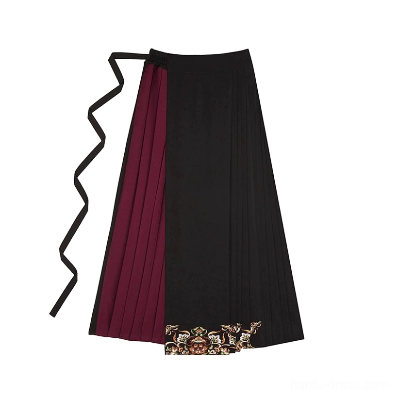 Flat lay view of black and dark red pleated mamianqun-inspired hanfu culottes with side tie strap and golden embroidered hem