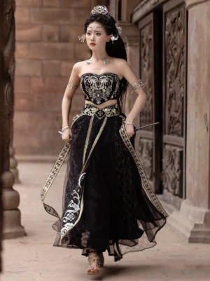 Black Dunhuang Feitian ancient Chinese performance outfit with sweetheart embroidered top high-waisted chiffon skirt and silver accessories