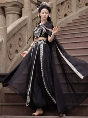 Black Dunhuang Feitian Tang Dynasty Hanfu dance costume with embroidered tube top flowing chiffon skirt and sheer cape on a stone staircase
