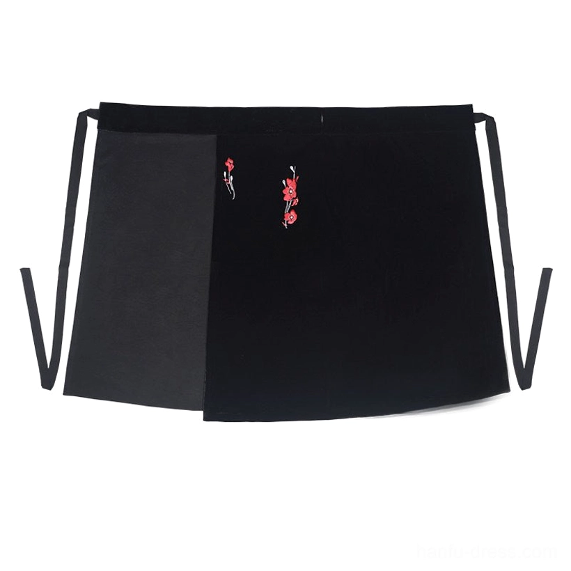 Flat lay embroidered Hanfu wrap skirt in black velvet look fabric with red floral front panel and long matching waist sash