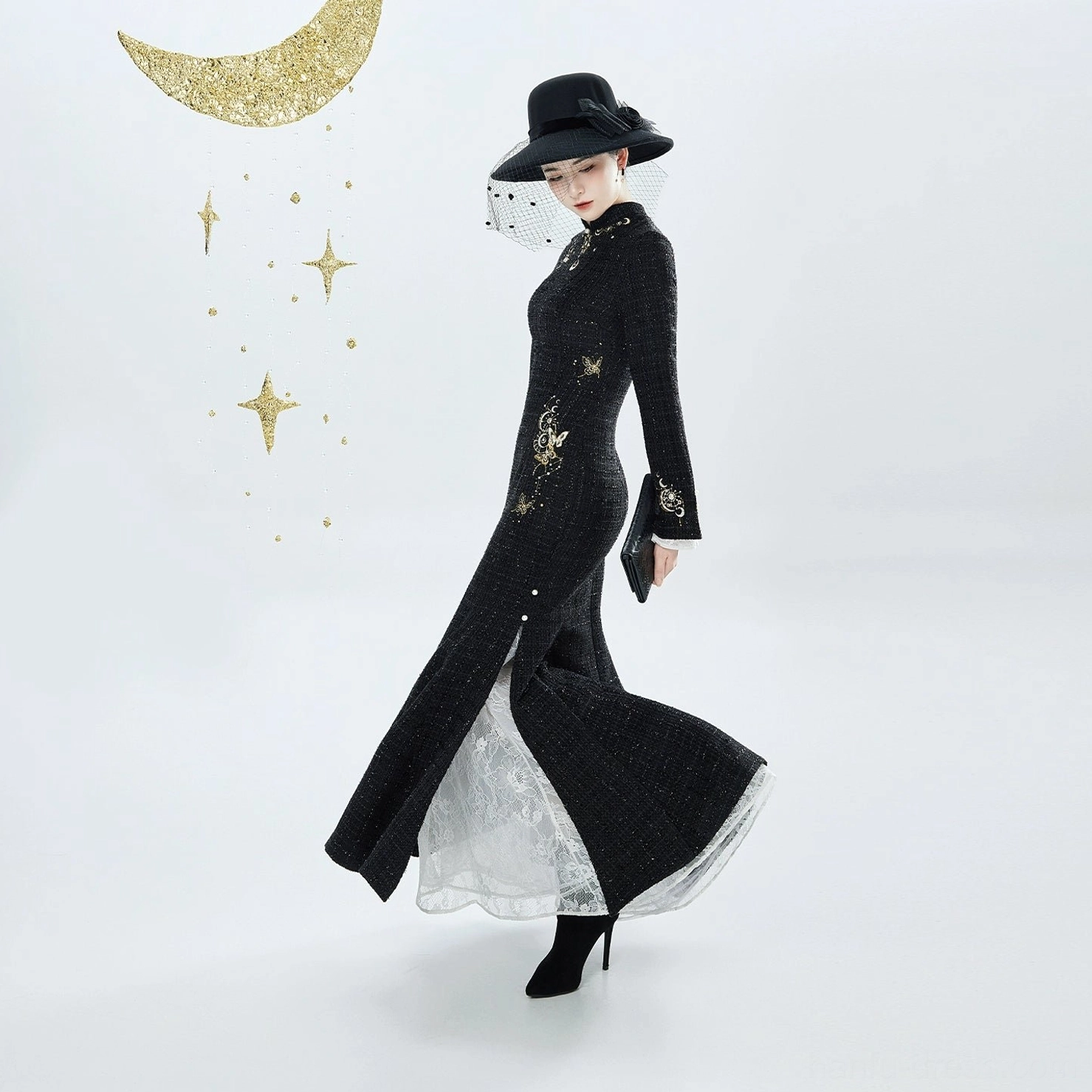 Standalone black embroidered mermaid qipao dress with high collar side slit gold embroidery and white lace hem