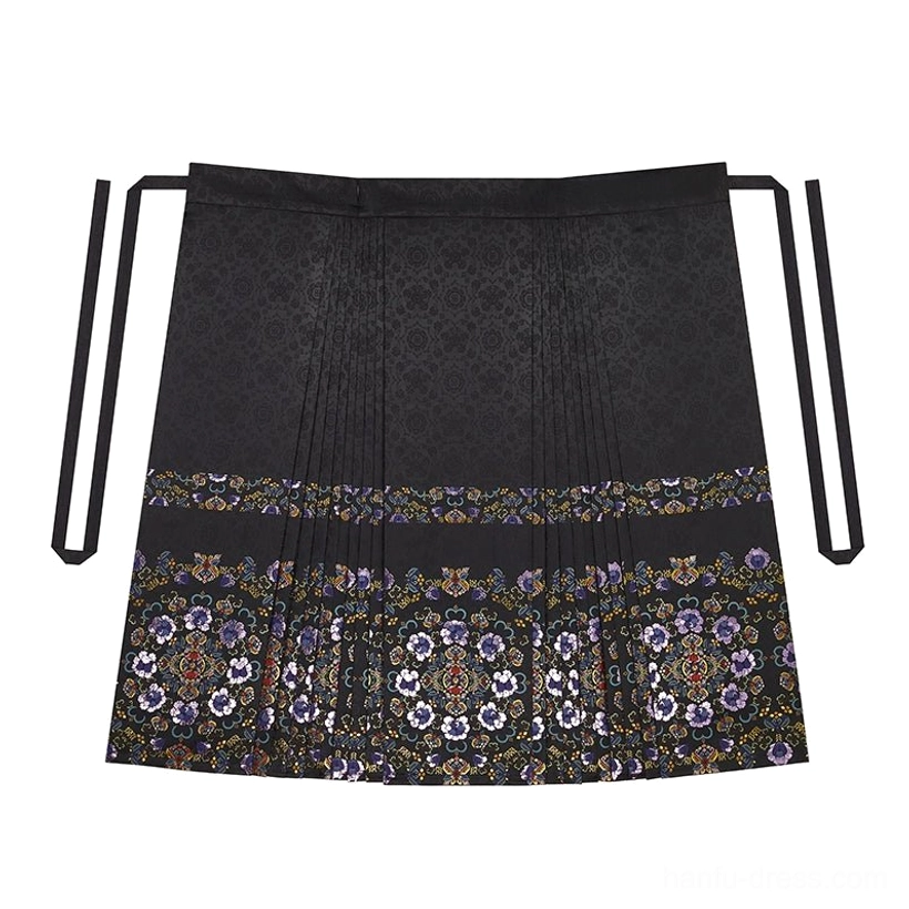 Black embroidered pleated mamianqun horse face skirt with floral bands and side ties flat lay view