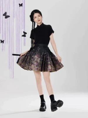 Black floral brocade mini mamian skirt styled with a black Mandarin collar blouse in a Ming Dynasty Hanfu inspired outfit