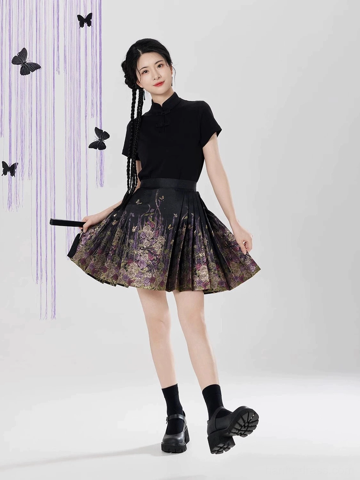 Black floral brocade mini mamian skirt styled with a black Mandarin collar blouse in a Ming Dynasty Hanfu inspired outfit