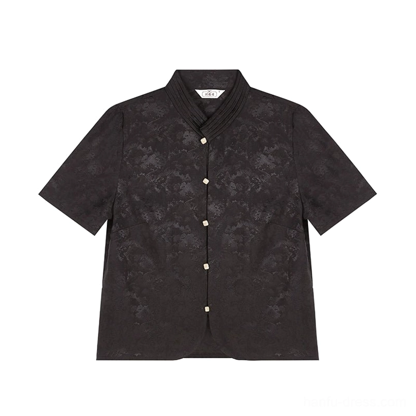 Flat lay of single black floral jacquard cropped Hanfu shirt with stand collar short sleeves and front button closure