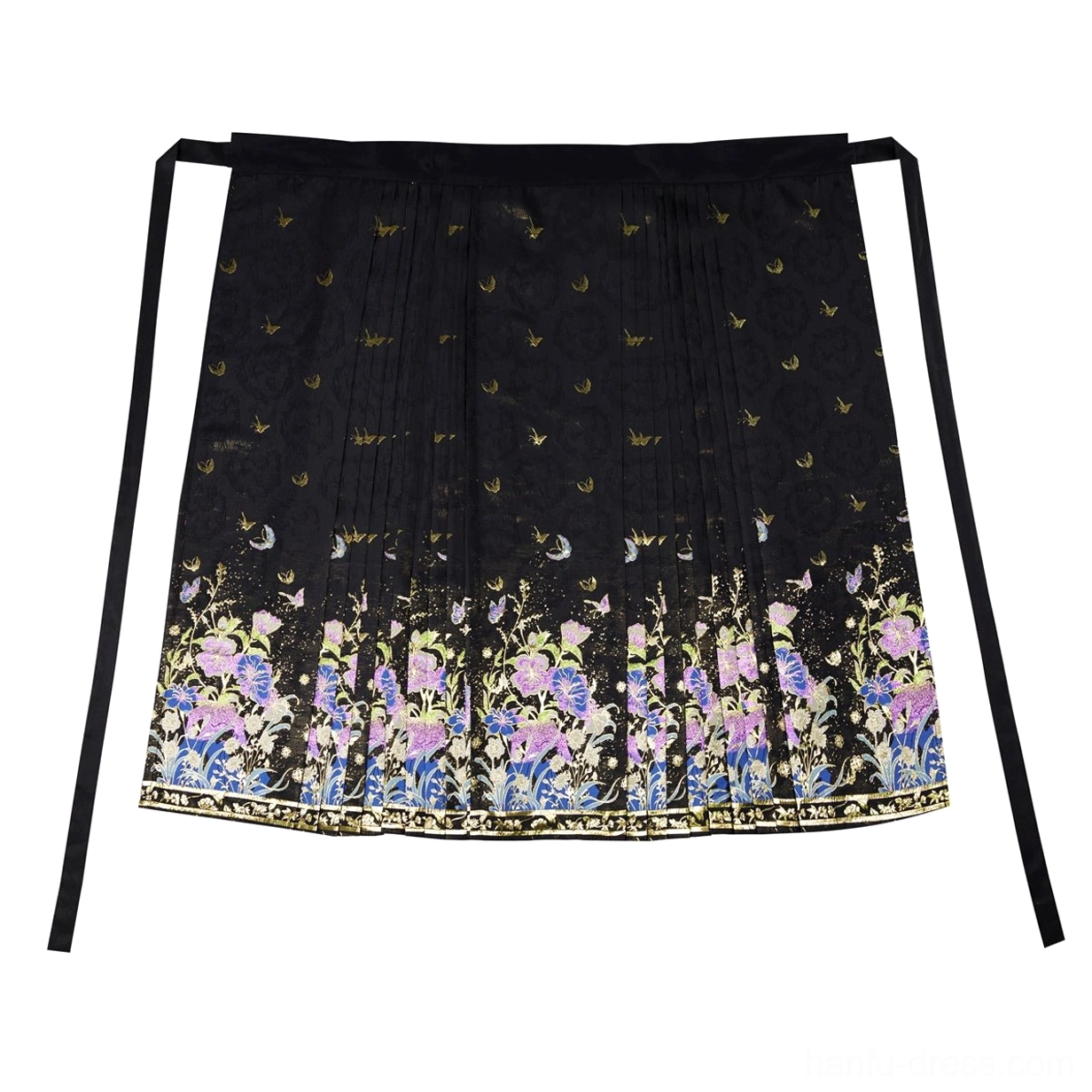 Black floral mamianqun horse face skirt flat lay with pleated construction, moon star motifs, colorful flower hem, and waist ties