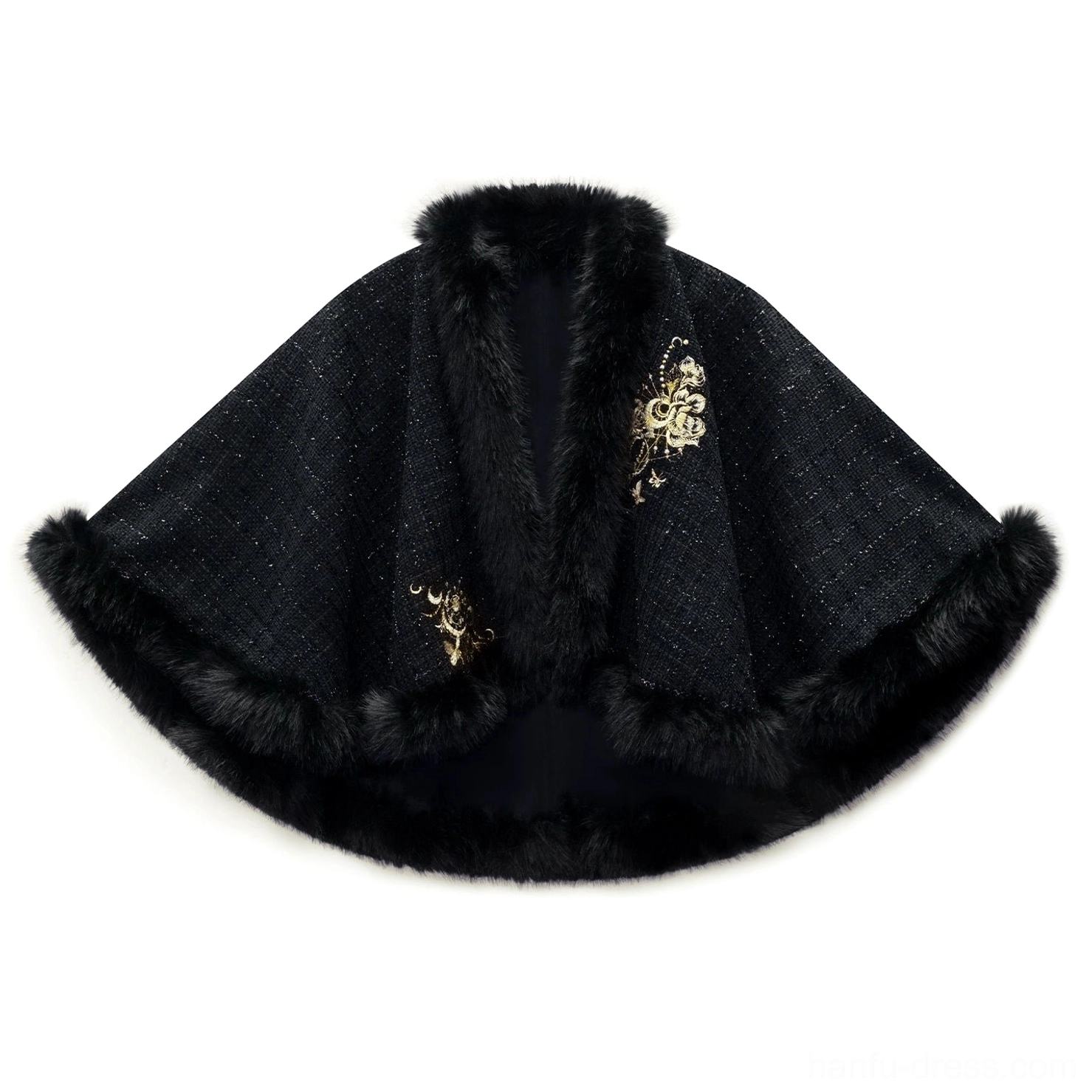 Black textured embroidered cloak with gold floral motifs and plush edge trim for modern Chinese qipao styling
