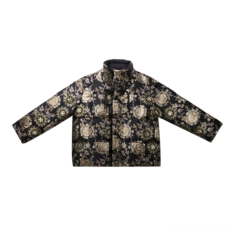 Flat lay front view of a black and gold floral jacquard women's modern Hanfu puffer coat with stand collar, long sleeves, and hidden front placket