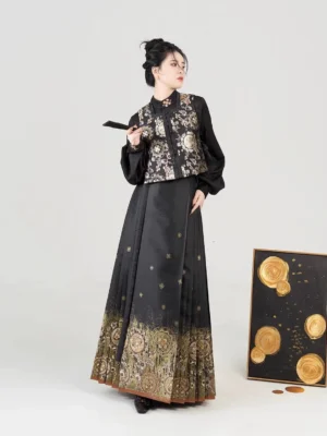 Black and gold Ming Dynasty Hanfu full set with stand collar blouse brocade vest and pleated mamian skirt