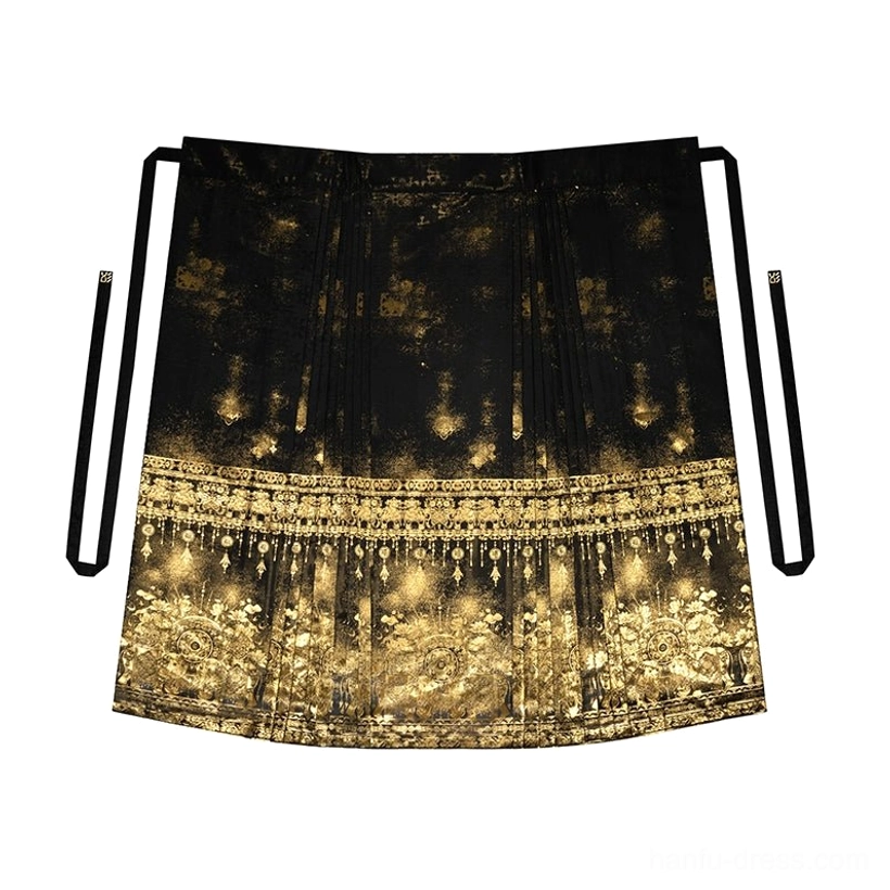 Standalone black and gold Ming Dynasty style mamianqun horse-face skirt with wide waistband, side ties, structured pleats, and ornate gilded traditional hem motifs