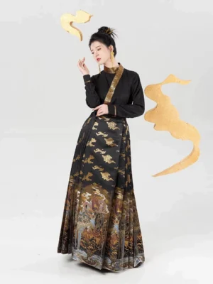 Black gold modern Ming style Hanfu two-piece outfit with cross-collar top and pleated mamianqun skirt in studio