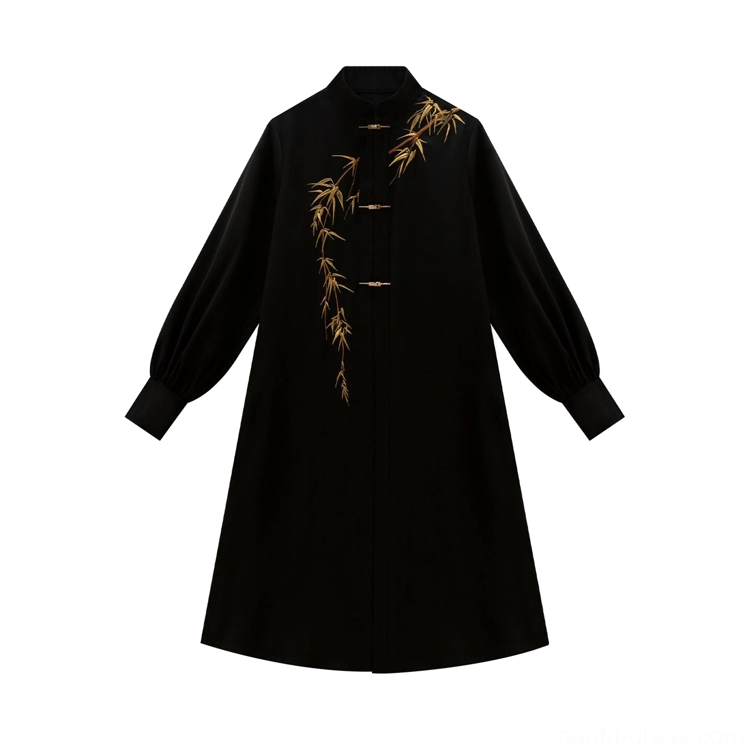 Flat lay of a black pleated mamian skirt with adjustable waist straps and black-and-gold ink bamboo brocade
