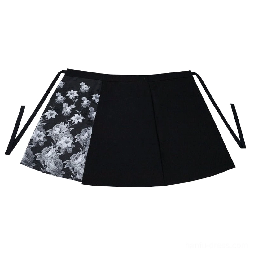 Black and grey Song Dynasty inspired wrap skirt with asymmetric rose print panel, A line silhouette, and adjustable tie side waist