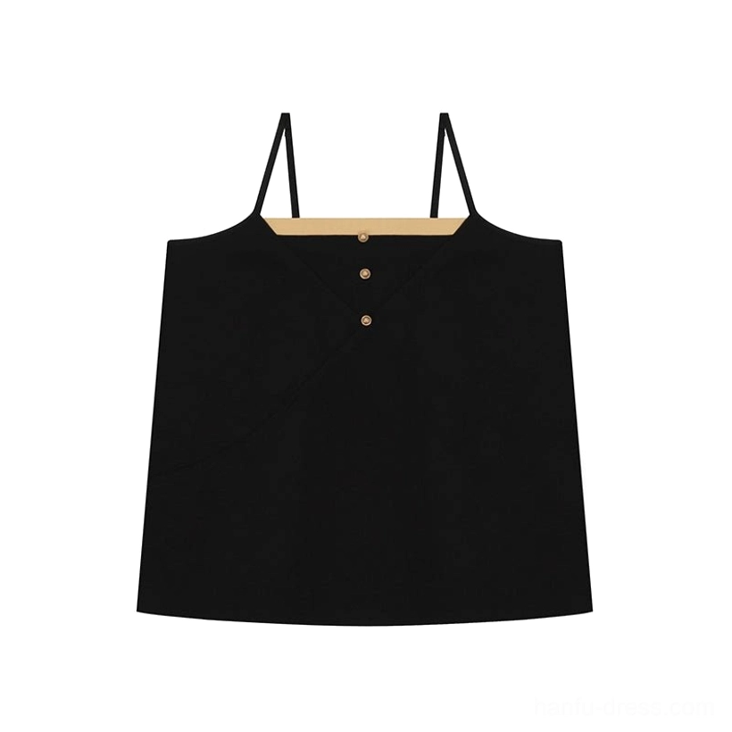 Black Hanfu camisole with thin shoulder straps tan neckline trim and decorative gold front buttons flat lay