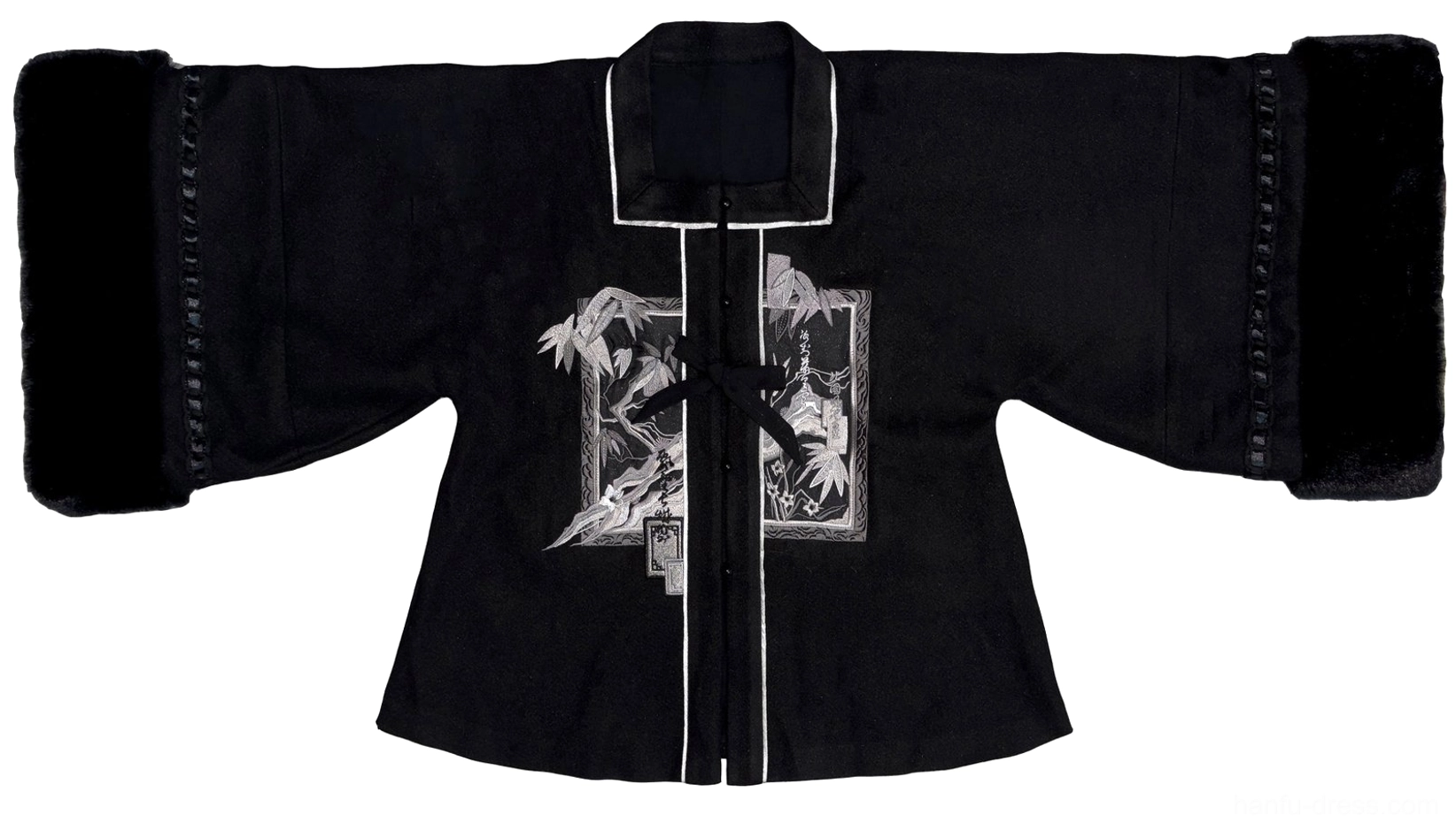 Flat front view of the black hanfu jacket with soft fur cuffs, ink painting chest detail, white edge piping, and traditional front tie fasteners