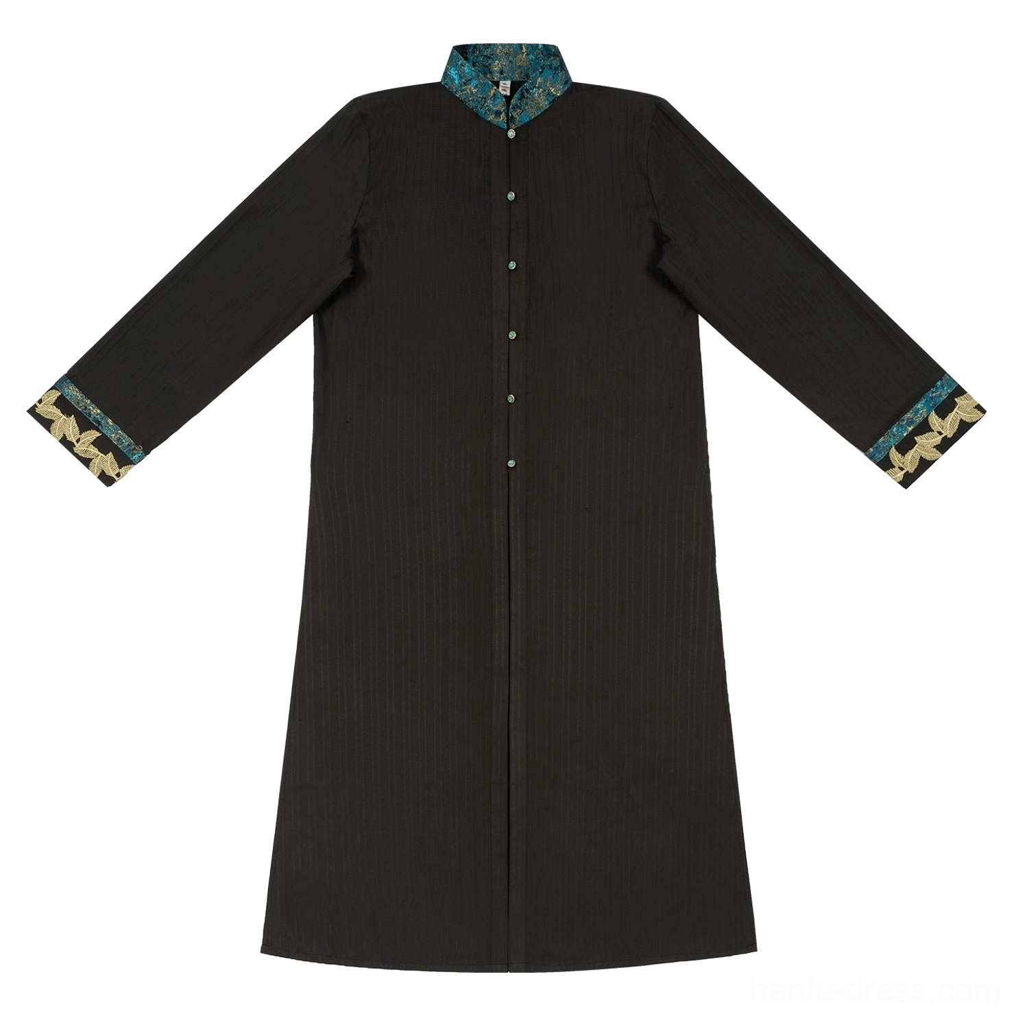 Flat lay of a black hanfu robe with long stand collar, teal embroidered collar and cuffs, gold decorative trim, and front button closure