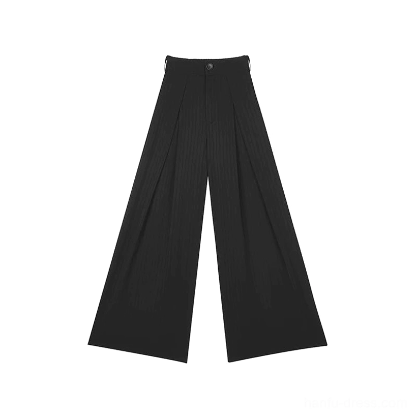 Flat lay view of high-waisted black Hanfu wide-leg pants with pleated waistband and flowing tailored silhouette