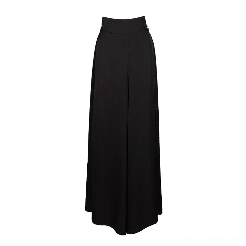 Black high-waisted Song-style wide-leg Hanfu trousers with matte fabric and hidden side zipper displayed on a white background