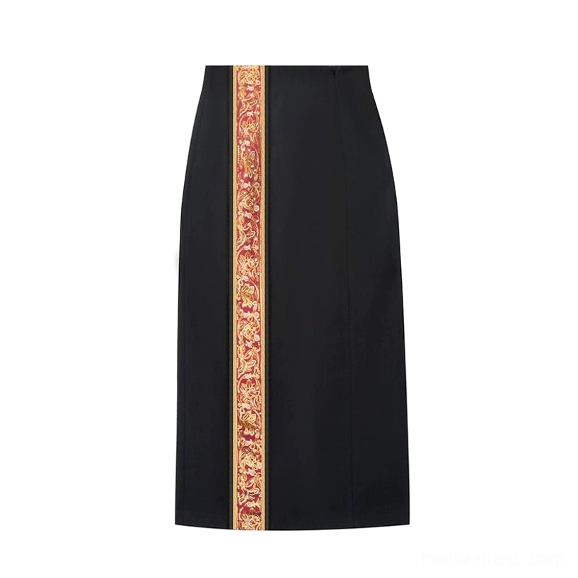 Flat lay front view of a black high-waisted straight long skirt with vertical Dunhuang-inspired embroidered side stripe