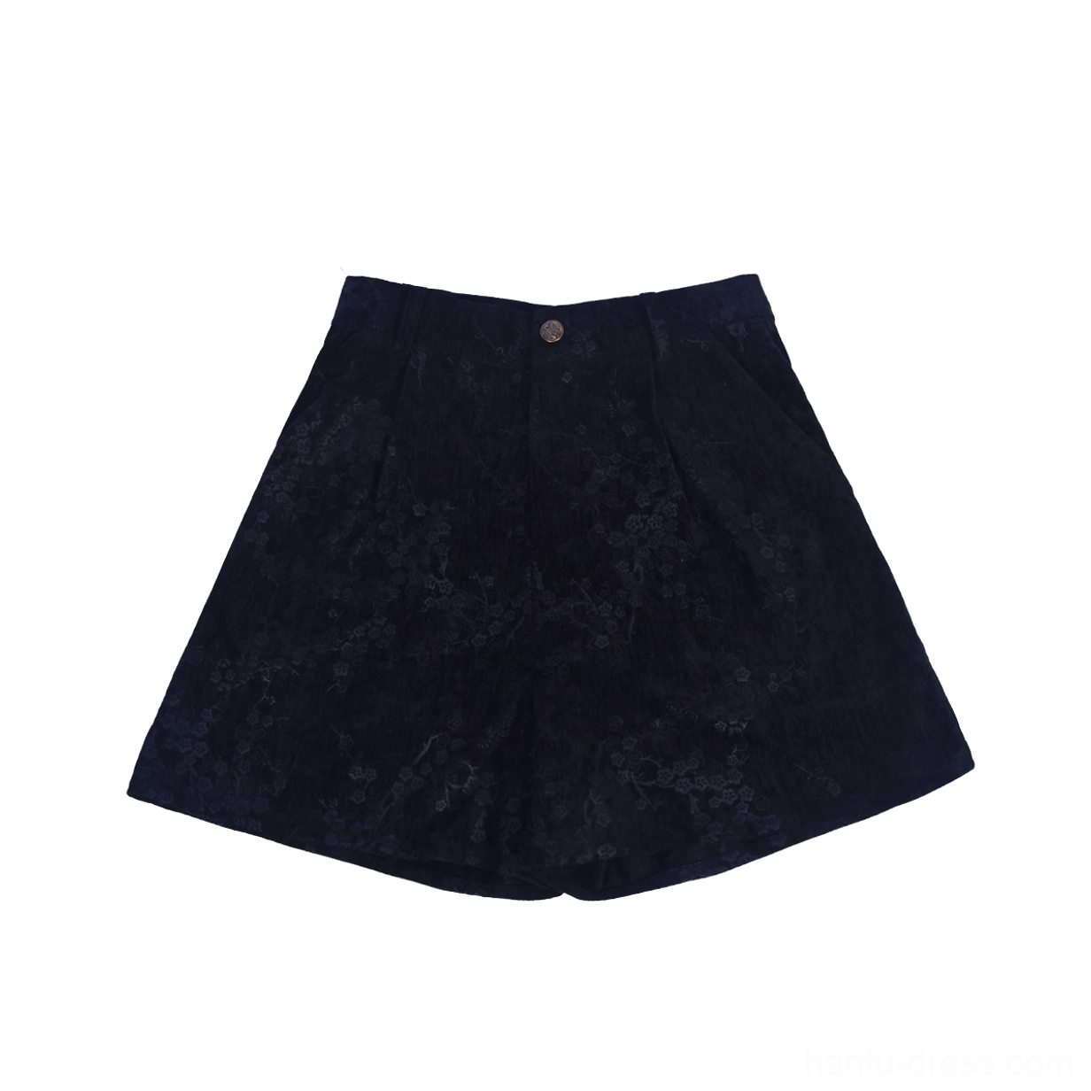 Flat lay of black high waisted tailored hanfu shorts with wide leg cut front buttons and subtle embossed floral texture