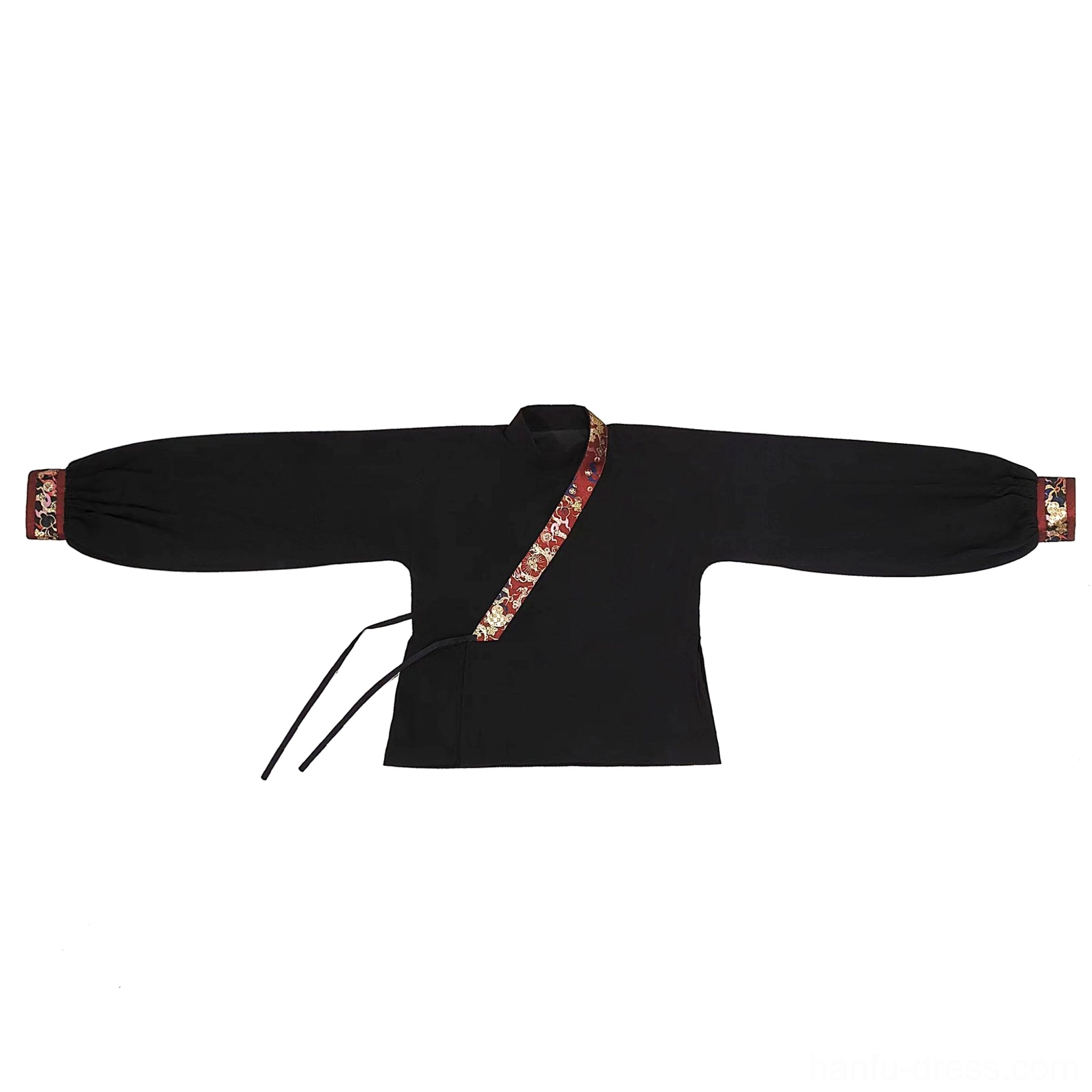 Flat lay of the black inner Hanfu top with cross-collar neckline, embroidered collar trim, and adjustable front drawstring