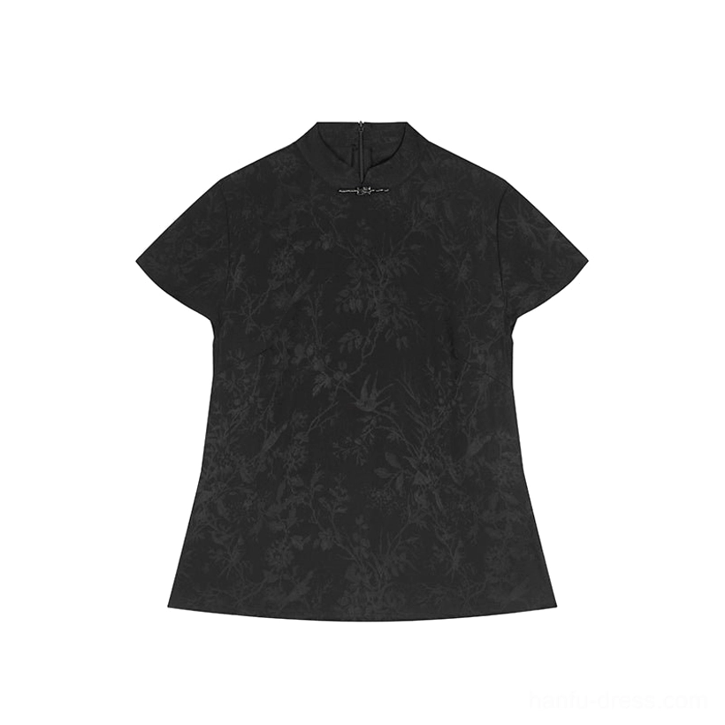 Black Chinese-style stand-collar blouse with tone-on-tone floral jacquard, short sleeves, and decorative clasp