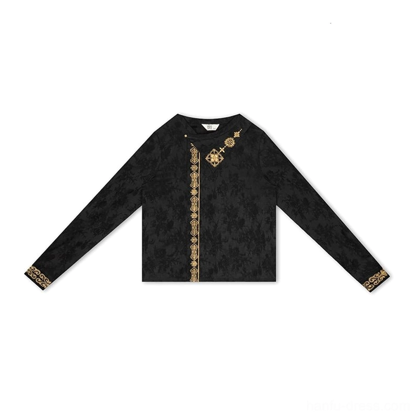 Standalone black long-sleeve Hanfu top in textured satin jacquard with gold ornamental trim along the collar, front placket, and sleeve cuffs