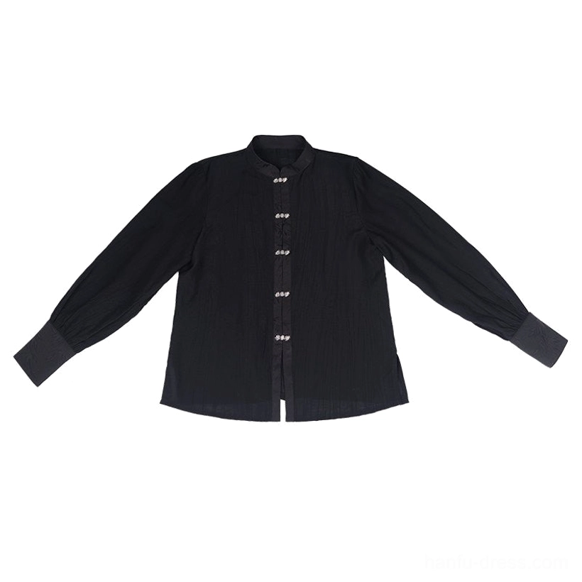 Black long sleeve stand collar Hanfu top with traditional decorative frog buttons and pleated front detail