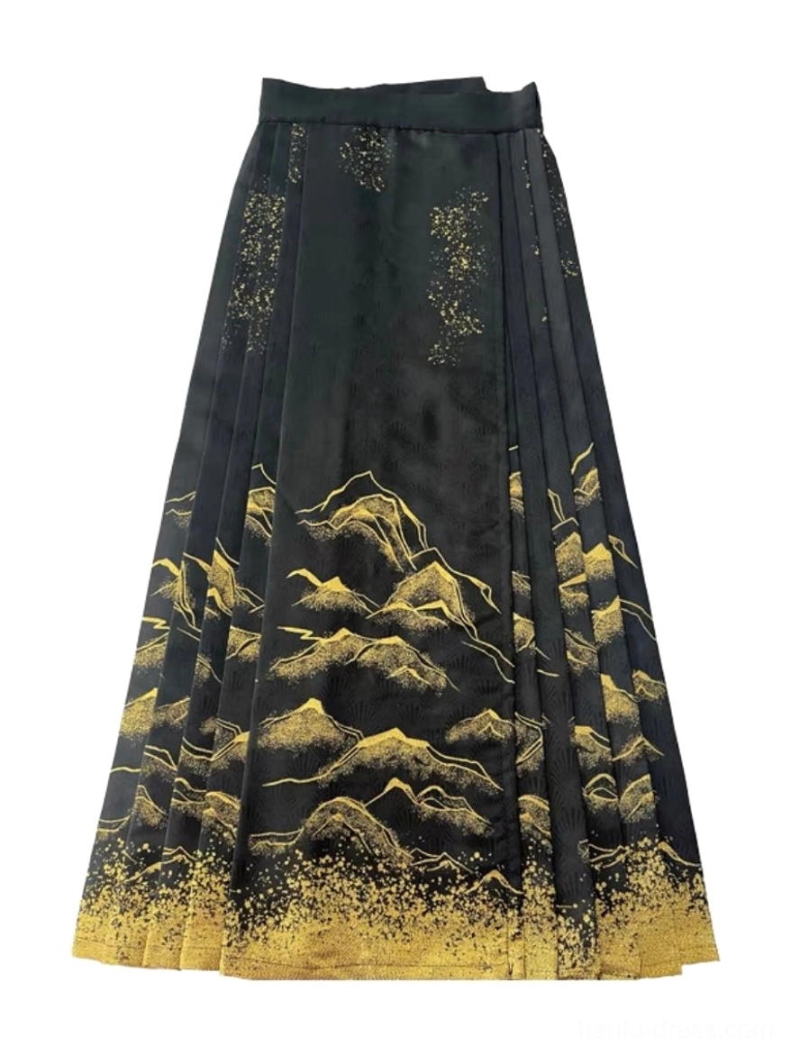 Black mamianqun horse face skirt flat lay showing pleated construction, high waistband and gold mountain landscape decoration