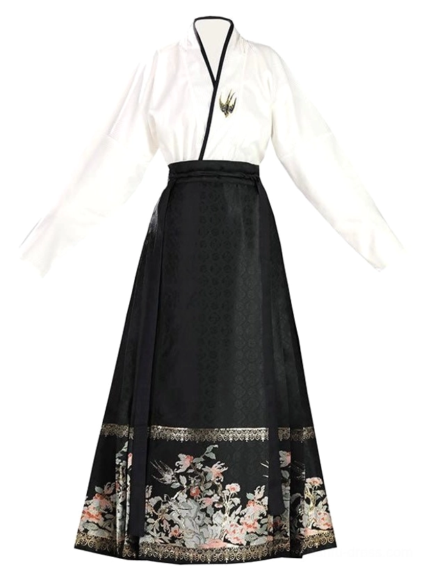 Black mamianqun horse face skirt and white embroidered cross-collar Hanfu top displayed in flat lay