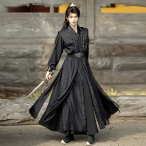 Black men's Hanfu complete set in Wei-Jin style with matte textured fabric, ornate waist belt, beaded collar, flowing long skirt, and sword