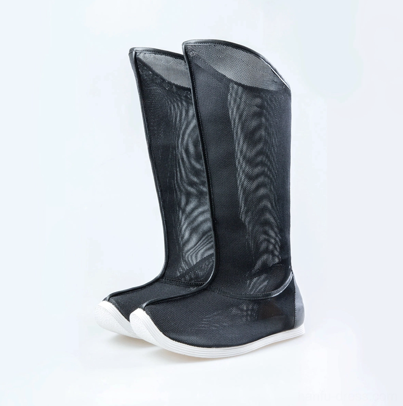 Front view of black breathable mesh traditional Chinese Hanfu boots with upturned toes, tall calf-high shaft, and contrasting white rubber sole