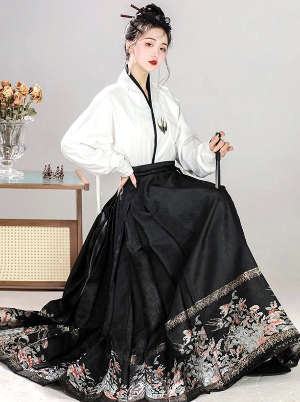 Black Ming Dynasty Hanfu complete set with white embroidered top and black mamianqun horse face skirt