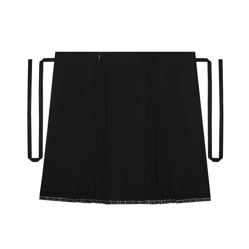 Black high-waisted Ming Dynasty inspired mamianqun skirt with flowing pleats and wide waist ties