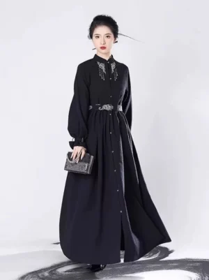 Black Ming Dynasty inspired modern Hanfu maxi dress front view with silver embroidered stand collar and lantern sleeves