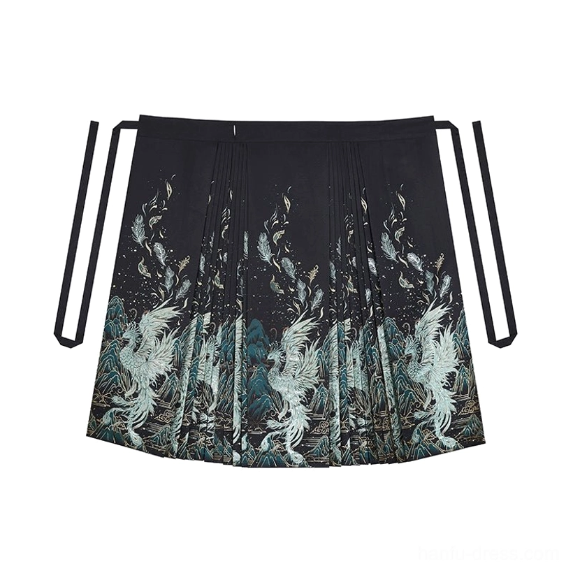 Black Ming Dynasty inspired mamian skirt flat lay with pleats teal peacock feather and phoenix decorative panels
