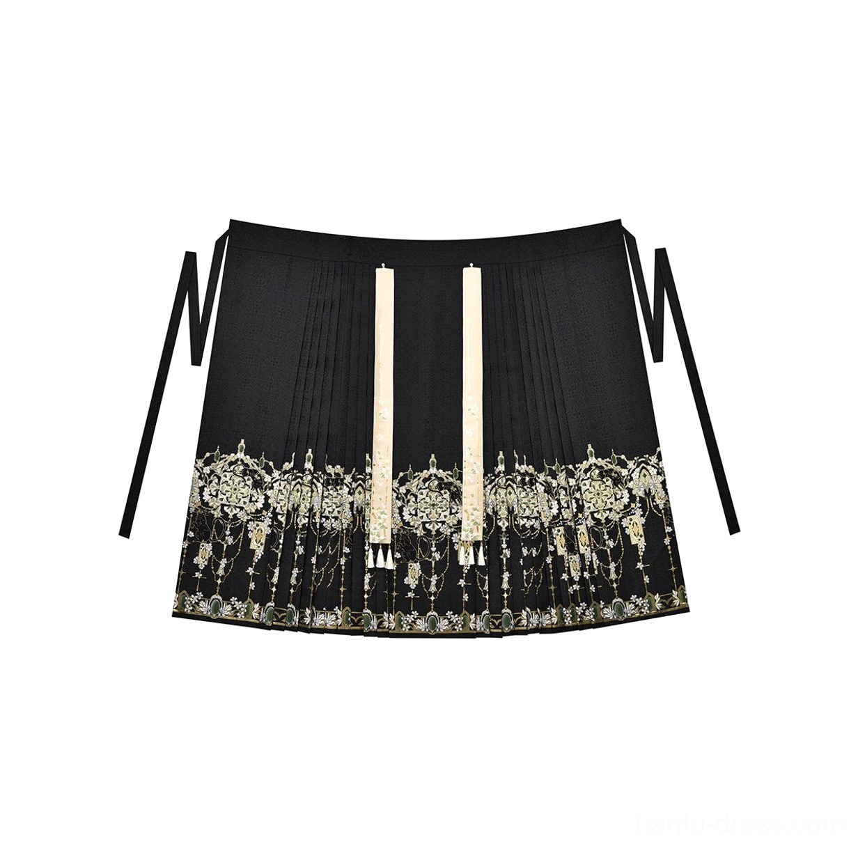 Black Ming Dynasty pleated mamian skirt with golden floral embroidered hem, white decorative sashes, and traditional side straps