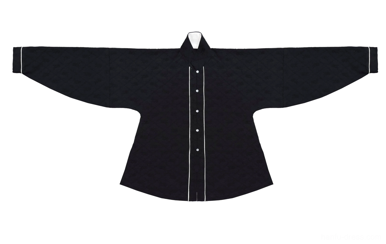 Flat lay of the black Ming-inspired hanfu long sleeve top with rounded stand collar, hidden front buttons, and contrasting white front piping