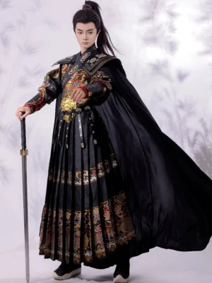 Black embroidered Ming Dynasty Jinyiwei hanfu robe with dragon and floral patterns, golden waist ornaments, matching black cape, and Chinese warrior styling