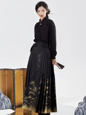 Side view of black Ming style Hanfu with stand collar blouse, high waisted gold landscape mamianqun horse face skirt and folding fan