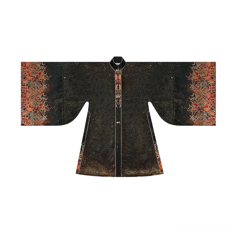 Overhead flat lay of a black Ming-style standing-collar Hanfu robe with concealed front placket, wide cross-cut sleeves, and subtle gold-speckled texture
