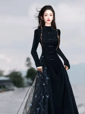 Front view of a black modern cheongsam maxi dress with stand collar Chinese frog buttons fitted bodice and blue embroidered tulle skirt