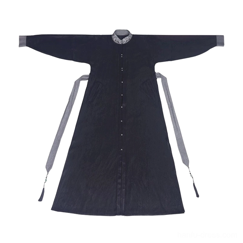 Black modern Hanfu dress flat lay showing embroidered stand collar full front button closure wide sleeves and detachable tasseled waist sash