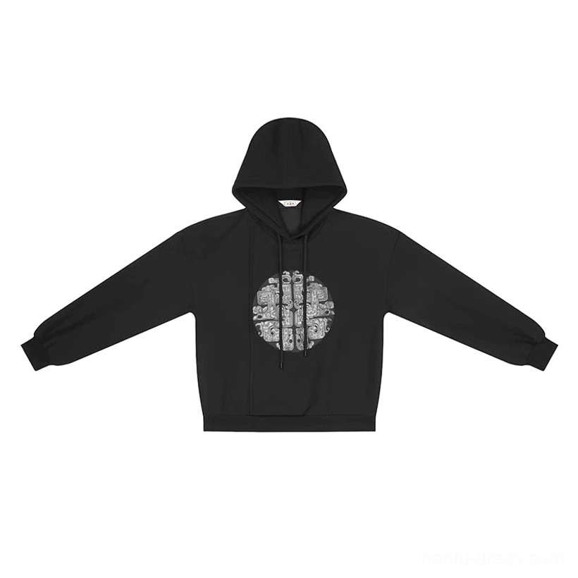 Flat lay view of the black modern Hanfu hooded sweater with drawstrings, relaxed sleeves, and round traditional Chinese chest embroidery