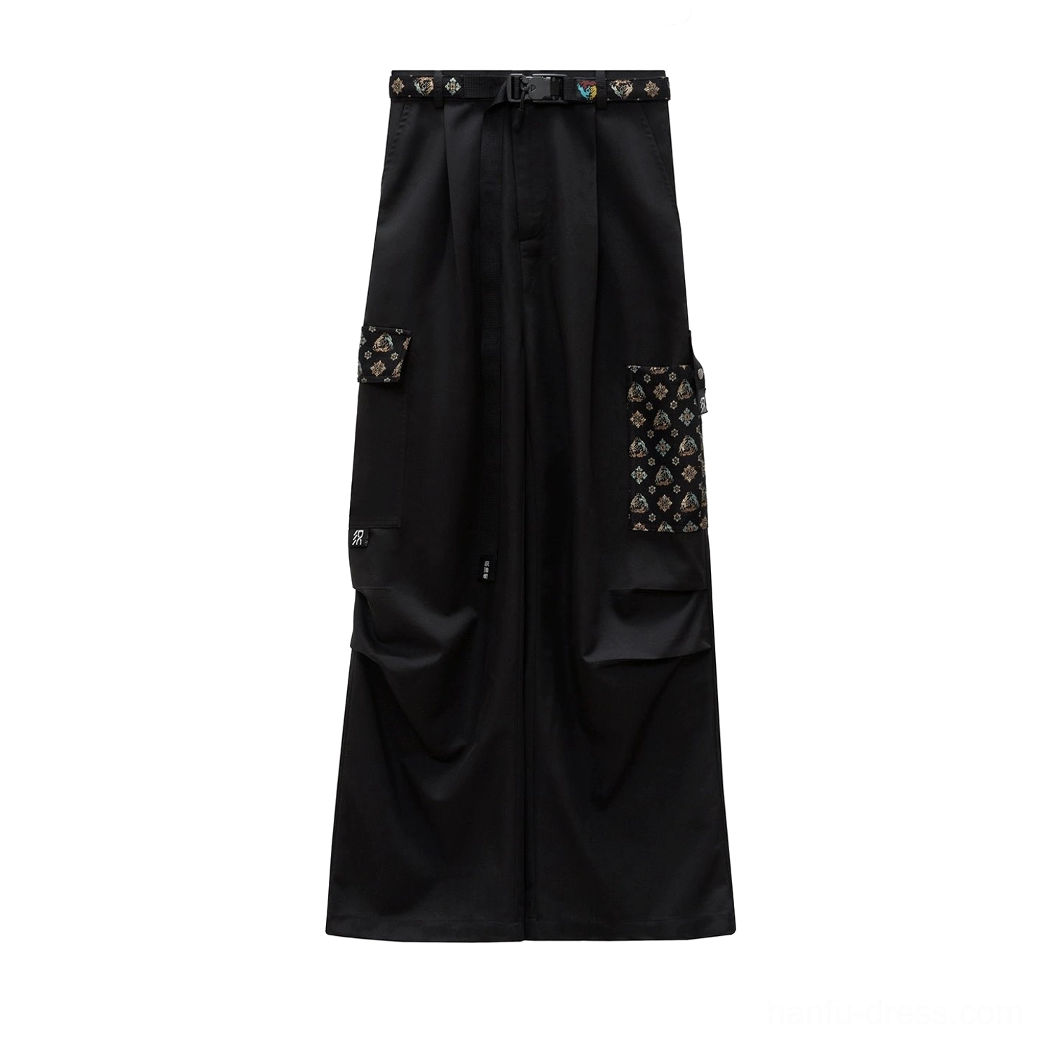 Flat lay view of black relaxed straight-leg utility cargo pants with multiple large pockets patterned waist belt and traditional patch details